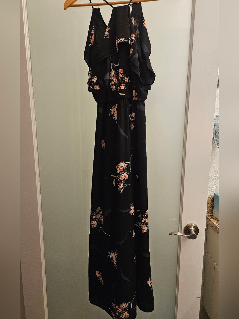 Black Floral Maxi Dress with Ruffle Bodice